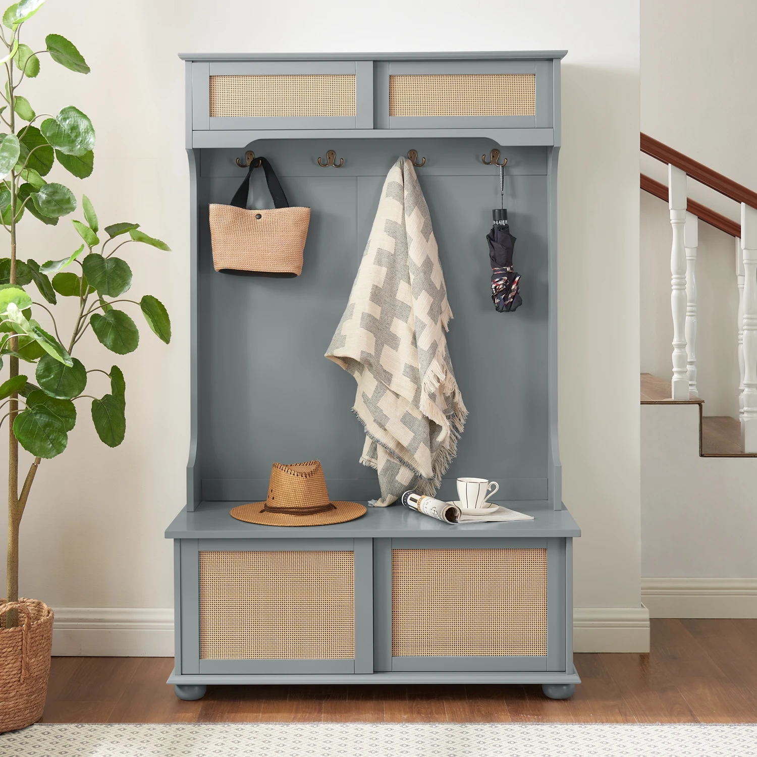 

Casual Style Hall Tree Entryway Bench with Rattan Door Shelves and Shoe Cabinets, SOLID WOOD Feet, Gray, 40.16"W*18.58"D*64.17"H