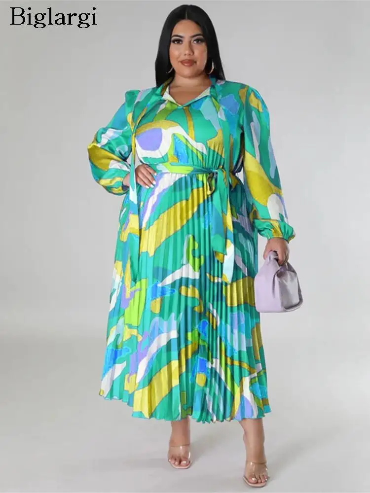 

Plus Size Autumn Long Dress Women Striped Print Loose Fashion Pleated Ladies Dresses Long Sleeve Casual Woman Dress 2023