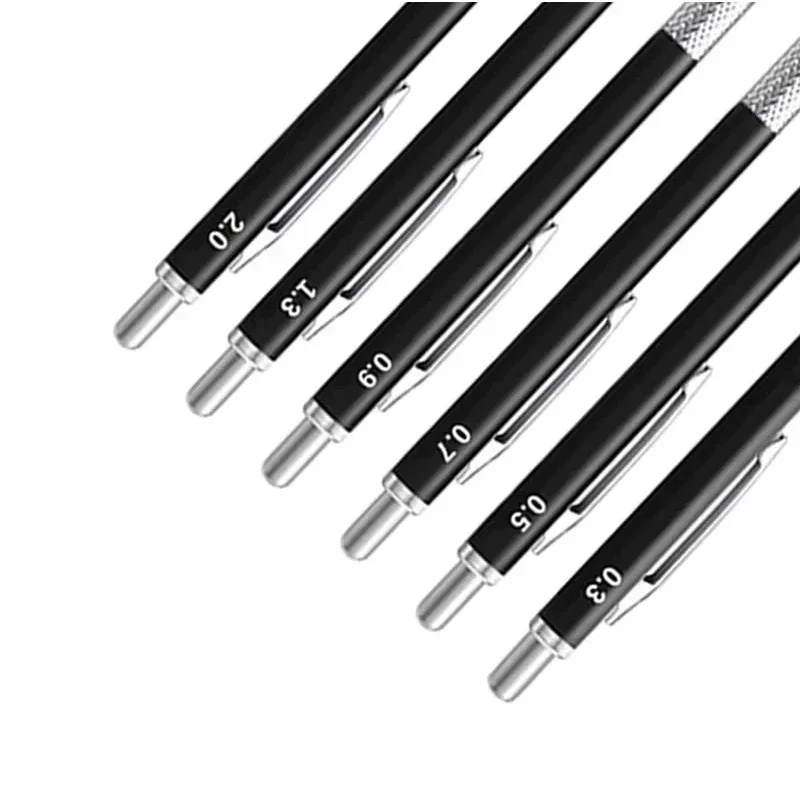 Full Black Metal Mechanical Pencils Set HB Leads 0.3 0.5 0.7 0.9 1.3 2.0mm Retractable Sketch Pencil with Eraser School Supplies 5