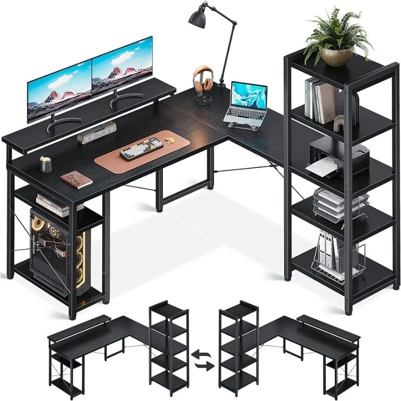 

ODK L Shaped Desk with Monitor Stand, 54 Inch Home Office Desks with Storage Printer Shelves, Reversible Corner Gaming Desk