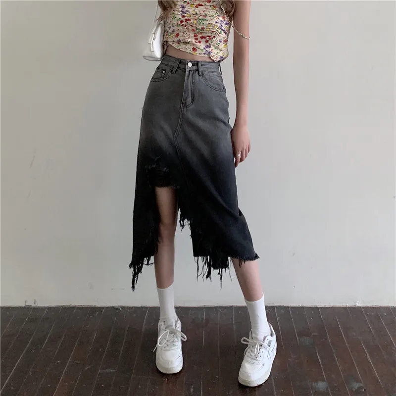 

Ripped Irregular Denim Skirt for Women New Retro Slit Mid-length Skirt High Waist Large Size Female Clothing Street Style