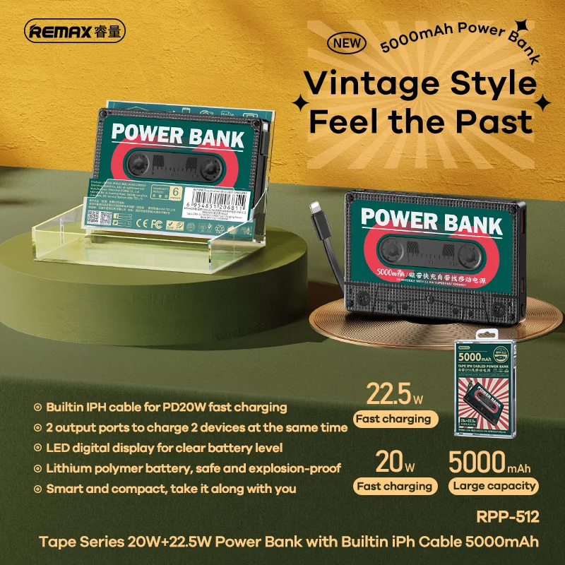 Remax Power Bank 10000mAh Tape Built-in Cable Power Bank QC Fast Charging USB LED Digital Display Retro for iPhone Huawei Xiaomi