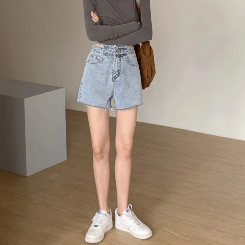 Y2K Fashion Women's Denim Shorts High Waisted For Summer Solid Raw Edge Korean Version Casual Hollow Out Wide Leg Jean Pants
