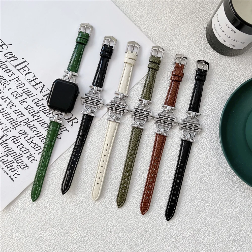 

Slim Waist Lizard Stripe Cowhide Leather+steel Watchbands for Iwatch Ultra 8 49mm 45mm Fashion Lady Watch Strap for Apple Watch