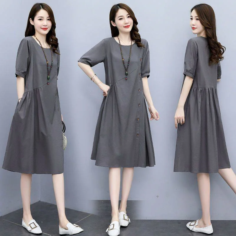 

Cotton Hemp Dress Female 2023 Summer New Loose Everything Cover Belly to Show Thin Foreign Gas Age Reduction Summer Thin Skirt