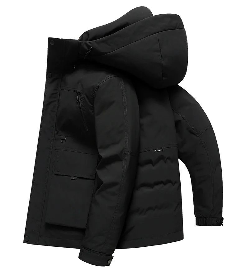 Lässige warme Entendaunenjacken mit Kapuze für Herren, Winter-Outwear, solide, verdickte Puffermantel, winddicht, gepolstertes Oberteil, Kleidung, Hut, abnehmbar – Detail 9