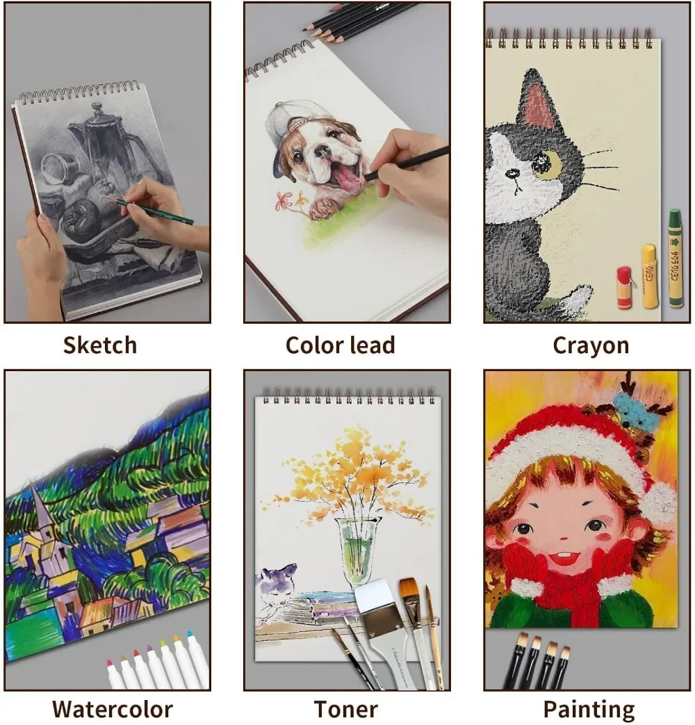 9 x 12 inches, 60 sheets (98 lb/160 g/m²) heavy-duty drawing paper, spiral-bound hardcover sketchbook on top 6