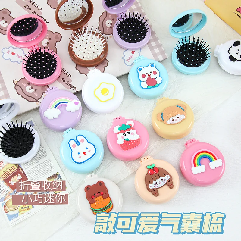 Cute Cartoon Macaron Folding Hair Comb Portable Folding Comb Kawaii 2 in 1 Folding Comb with Small Mirror Baby Makeup Supplies