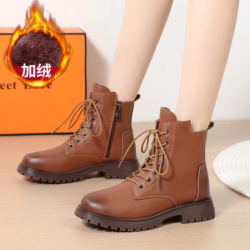 

Maogu Short Boots Women Chunky Heel Thick Bottom British Style 2023 Padded Warm Boot High Heel Mid Calf Brown Retro Lace-up 2024