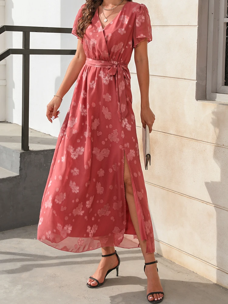 

Floral Print Women Dress Summer Short Sleeve V Neck High Waist Long Dresses Fashion Casual Jacquard Solid Color Dresses Vestidos
