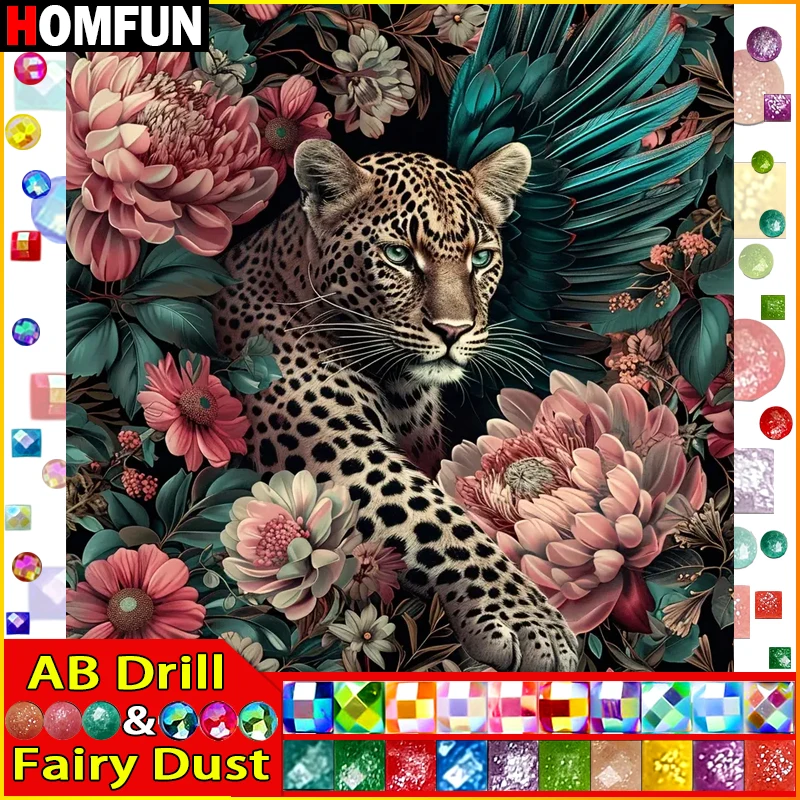 HOMFUN Fairy Dust AB Diamond Embroidery "Animal Leopard Flower" Pattern DIY 5D Diamond Painting Needlework Full Drill Painting
