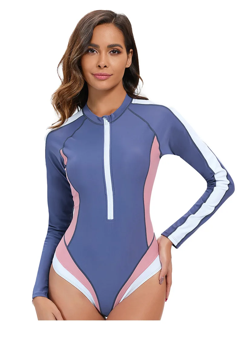 Women Long Sleeve Bathing Suit Wetsuit One-Piece Swimsuit Half-Zip Design Slim Fit Beach Surfing Swimwear Multiple Colors