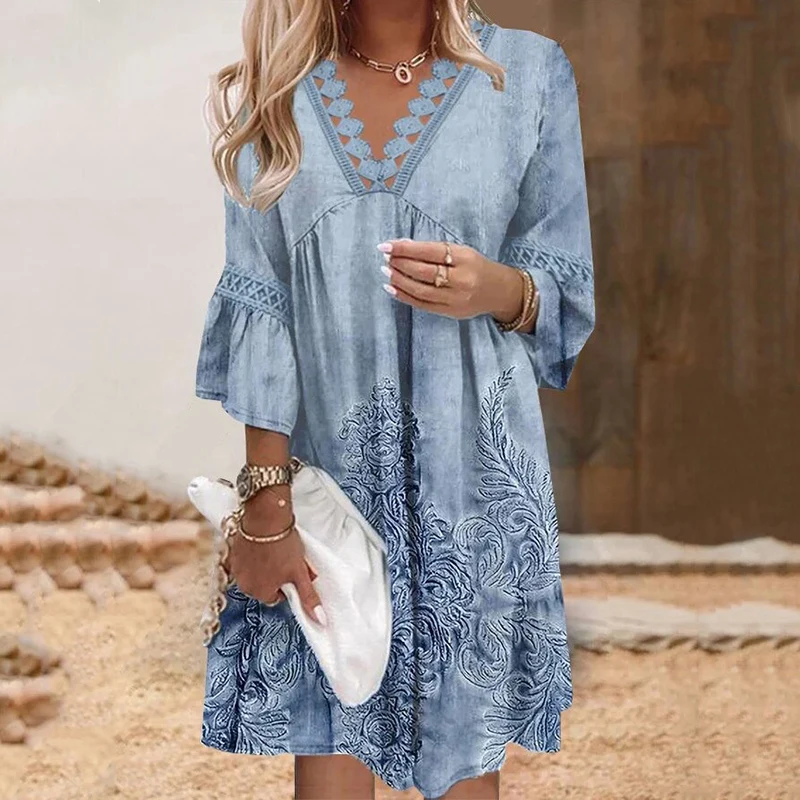 

Sexy Lace Splicing V-neck A-Line Dress Women Casual 3/4 Flared Sleeve Loose Party Dress 2024 Fashion Print Pleated Mini Dresses