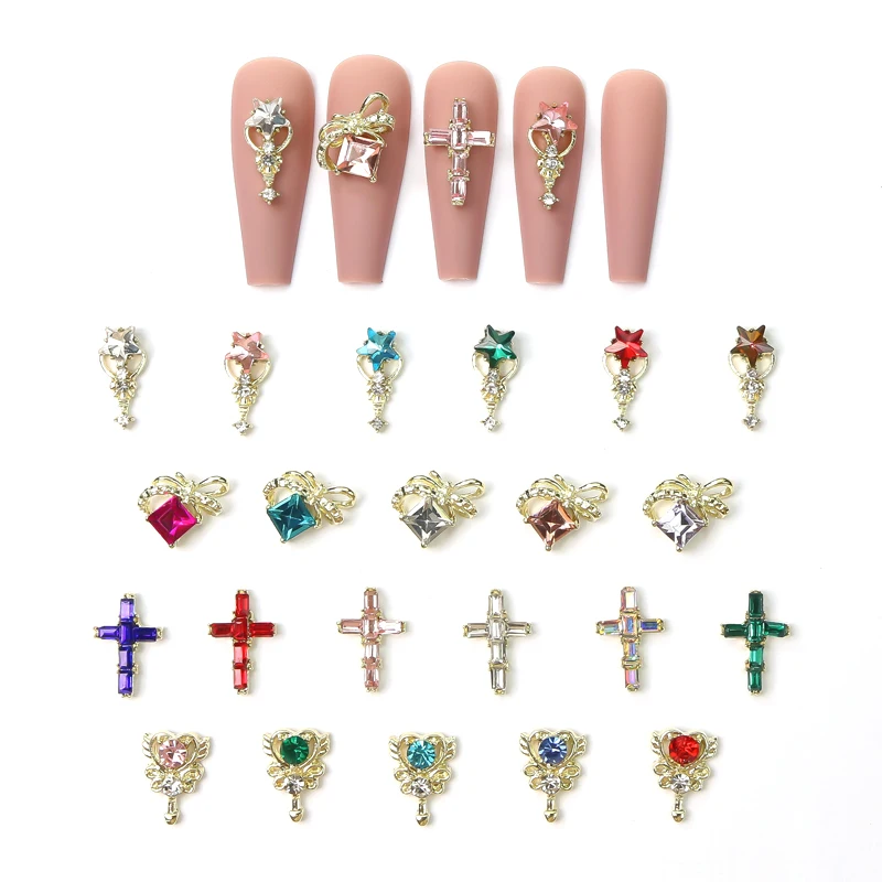 

10Pcs Beauty Girl Ice Moon Zircon Luxury Cross Nail Art Jewelry Gold Diamond Charm Elf Magic Wand Manicure Accessorie Supplies