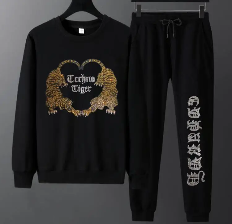

Rhinestones Anime 2 Pieces Sets Tracksuit Men Hooded Sweatshirt Pants Pullover Hoodie Sportwear Suit Casual Sports Clothes