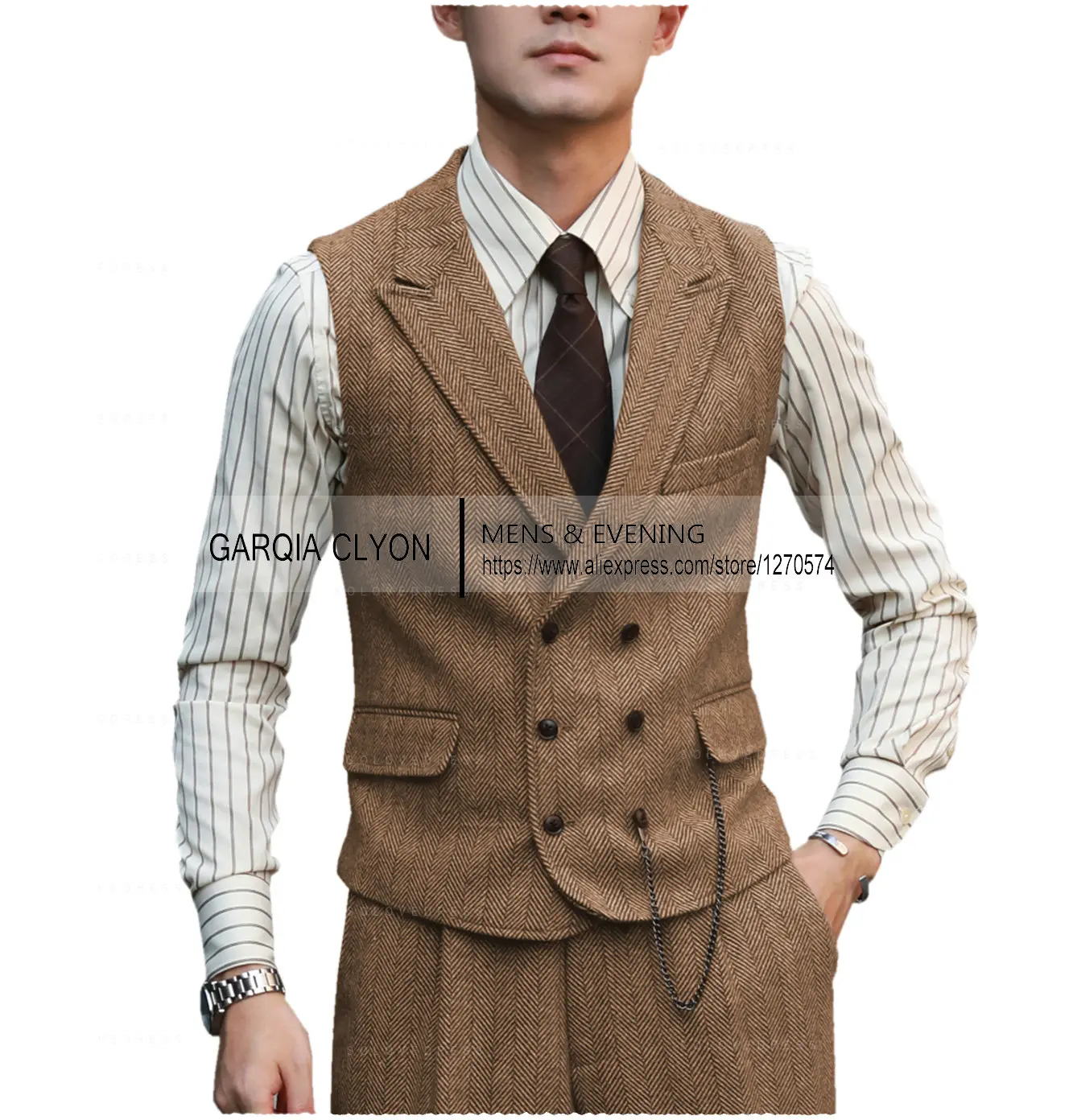 2 Pieces Herringbone Fabric Silm Fit Double-Breasted Men's Suits Causal Business Waistcoat Groom For Wedding（Vest+Pants）