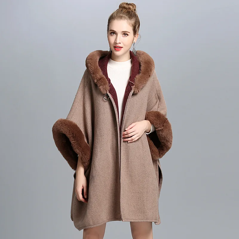 C3196 Autumn Winter Women's Loose Hooded Poncho Wool Blends Faux Fur Collar Cuff Cardigan Shawl Cape Cloak Outwear Coat