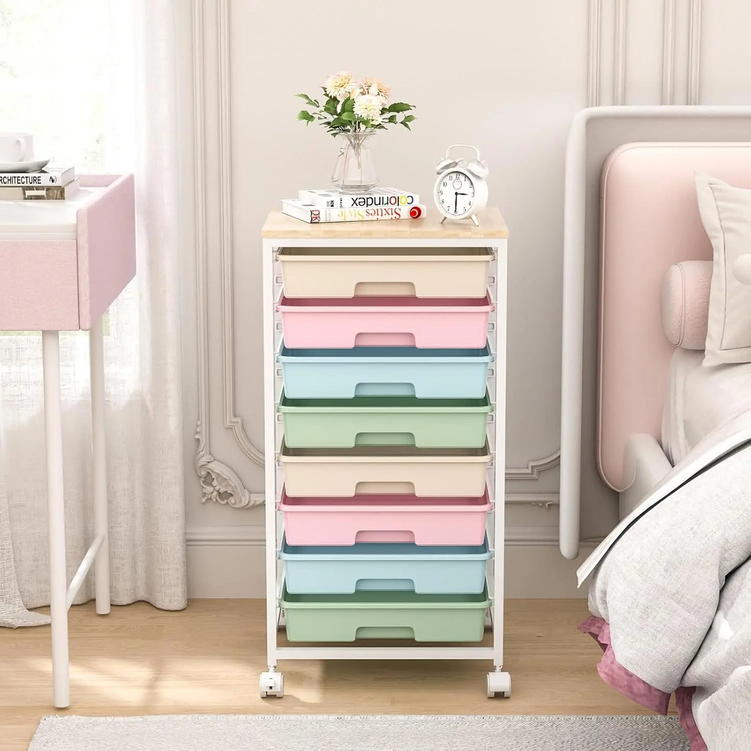 Rolling Storage Cart with Drawers,Utility Cart Drawers and Wooden Tabletop,Rolling Drawer Cart 6