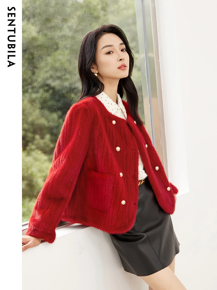 SENTUBILA Women's Imitation Rabbit Fleece Jacket 2023 Autumn Winter Elegant Crew Neck Double-breasted Plush Short Coat W34W50108