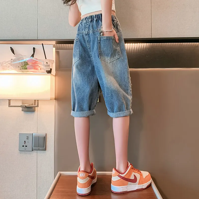 Sweet Girl Vintage Loose Rose Print Denim Pants 2022 Summer Womens Fashion  Jeans Knee Length Pant High Waist Wide Leg Half Pants - Jeans - AliExpress