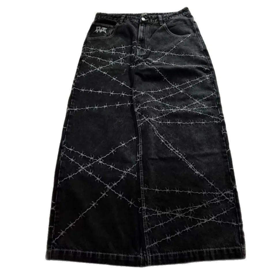 Jeans y2k high street hip hop loose wide-leg casual pants men's pants jeans street wear printed gothic style trousers hot sale 4