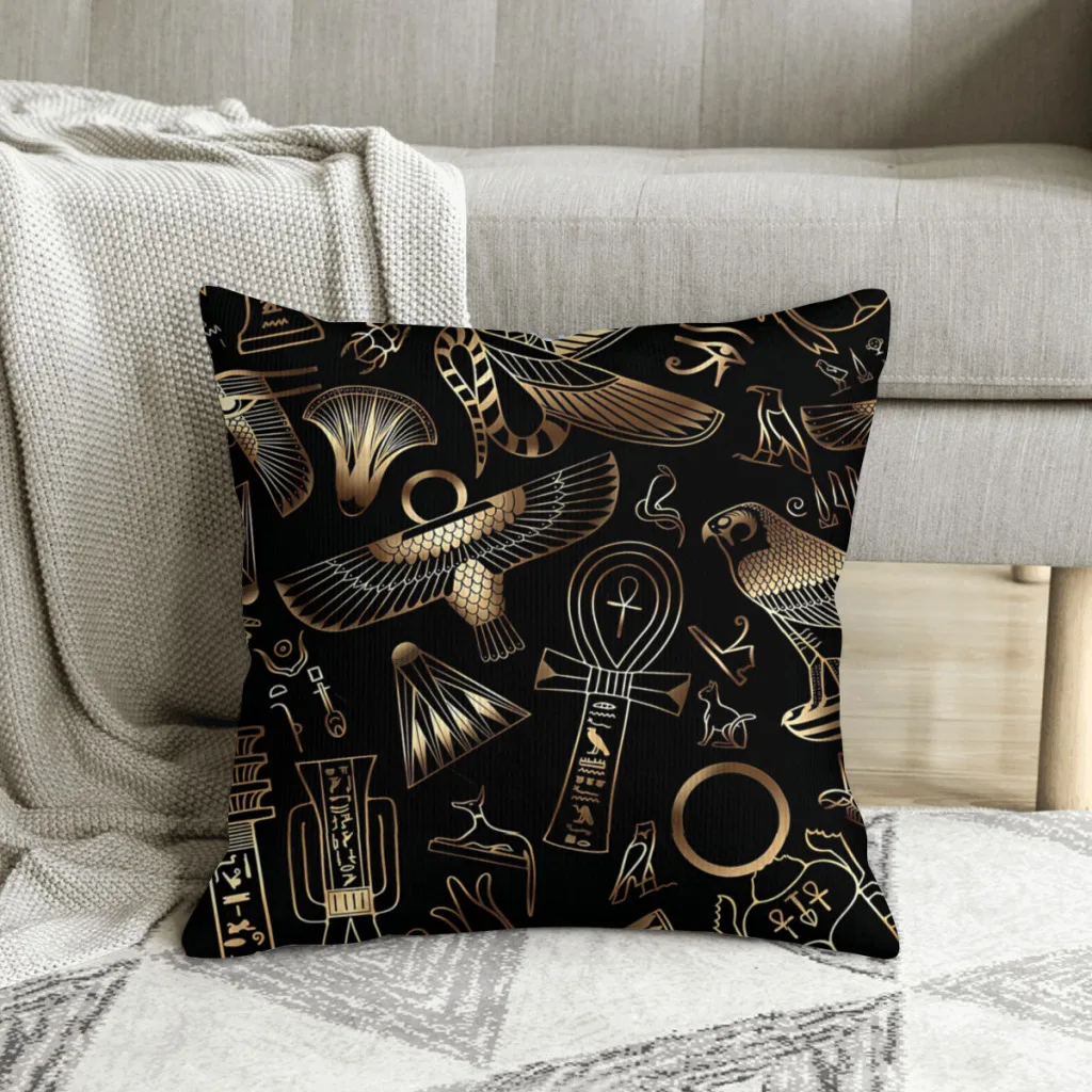 

Ancient Egyptian Motifs Pattern Gold Ancient Art Polyester Cushion Cover For Home Car Decorative Soft Coussincase