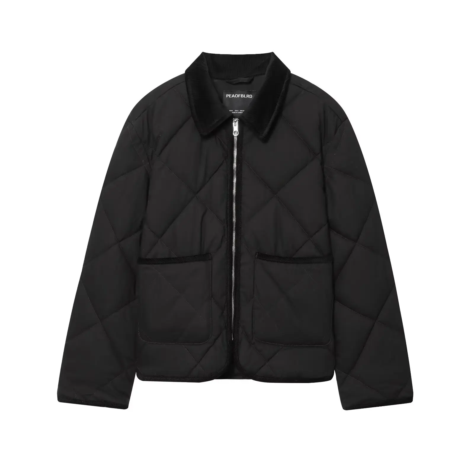 Diamond Quilted Zip-Up Jacket with Contrast Collar - Front View