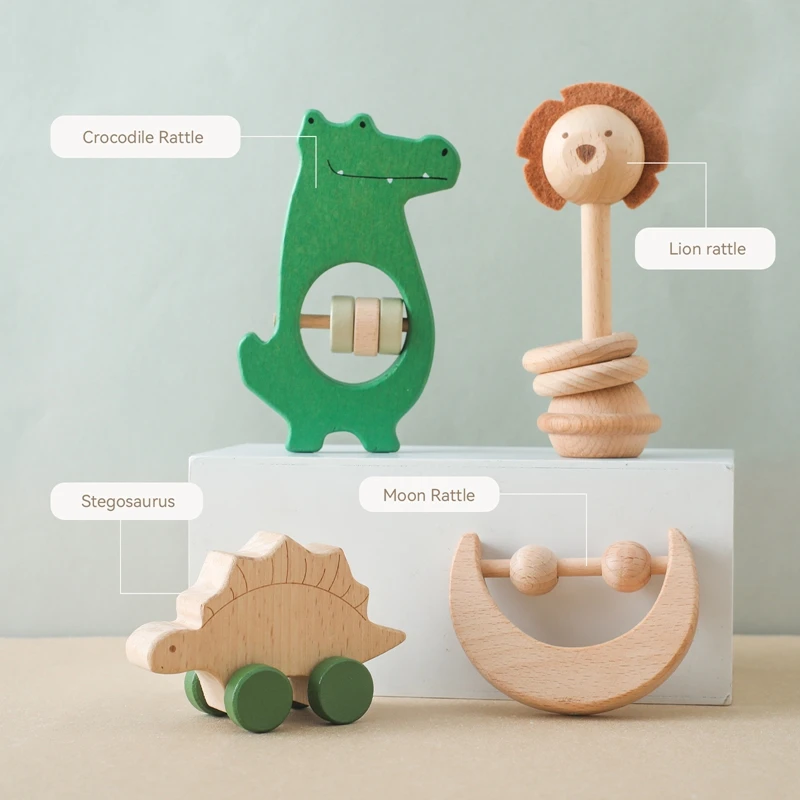4pc Baby Wooden Rattle Baby Toys Wooden Car Crochet Rattle Montessori Toys Baby Rattle Toy 0 12 Years teether Gum New Born Toys