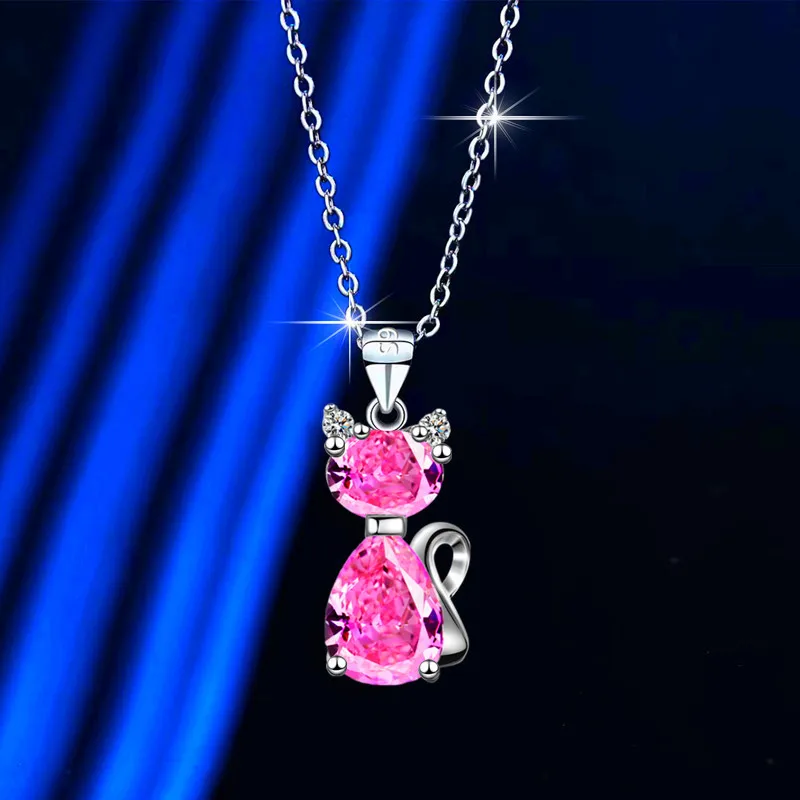 Cute Crystal White Cat Zircon Stone Pendant Necklace Vintage Wedding Jewelry For Women