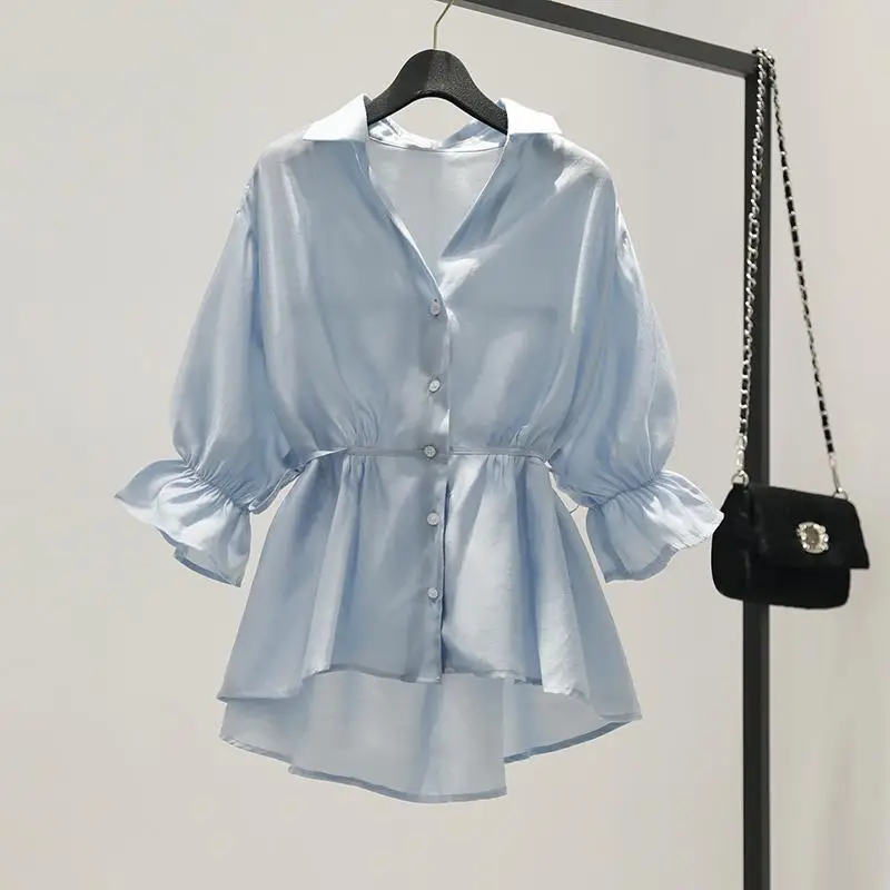 

Casual Commuting Fashion V-neck Waistband Skirt Shirt for Women's Summer 2024 New Korean Version Chiffon Loose Ruffled Edge Top