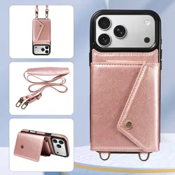 Elegant Leather Crossbody Phone Case with Wallet and Card Slots - Fashionable Long Lanyard Design - iPhone 17 Pro (Rose Gold)
