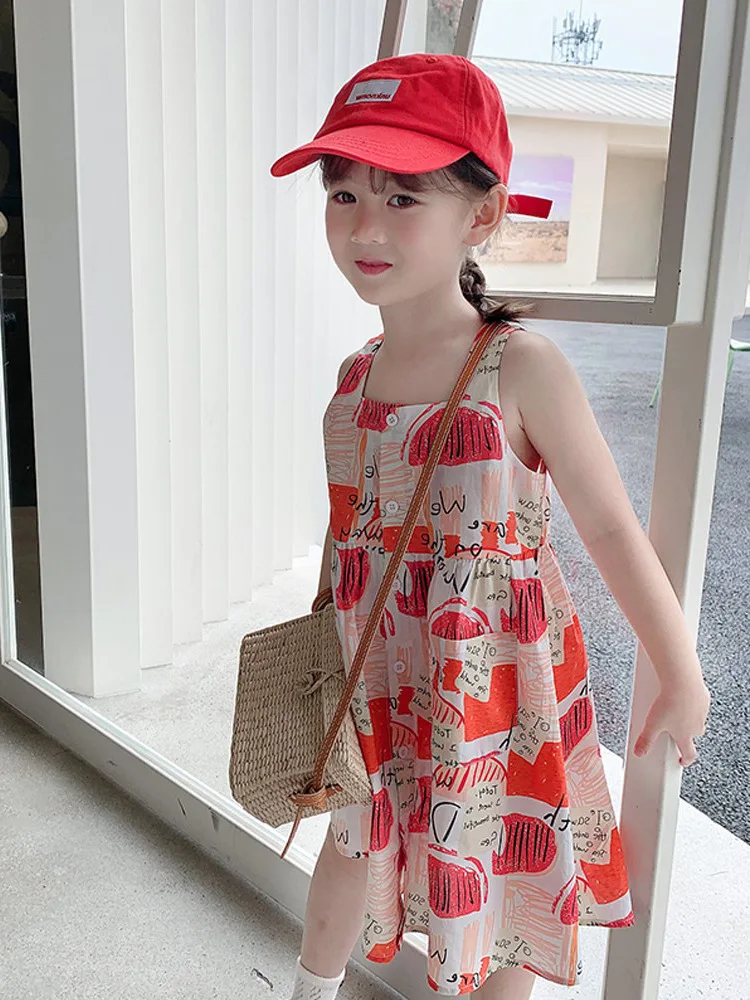 

2024New Girls Dress Chiffon Girl Suspenders Princess Dress Summer Kids' Skirt Floral Western Style