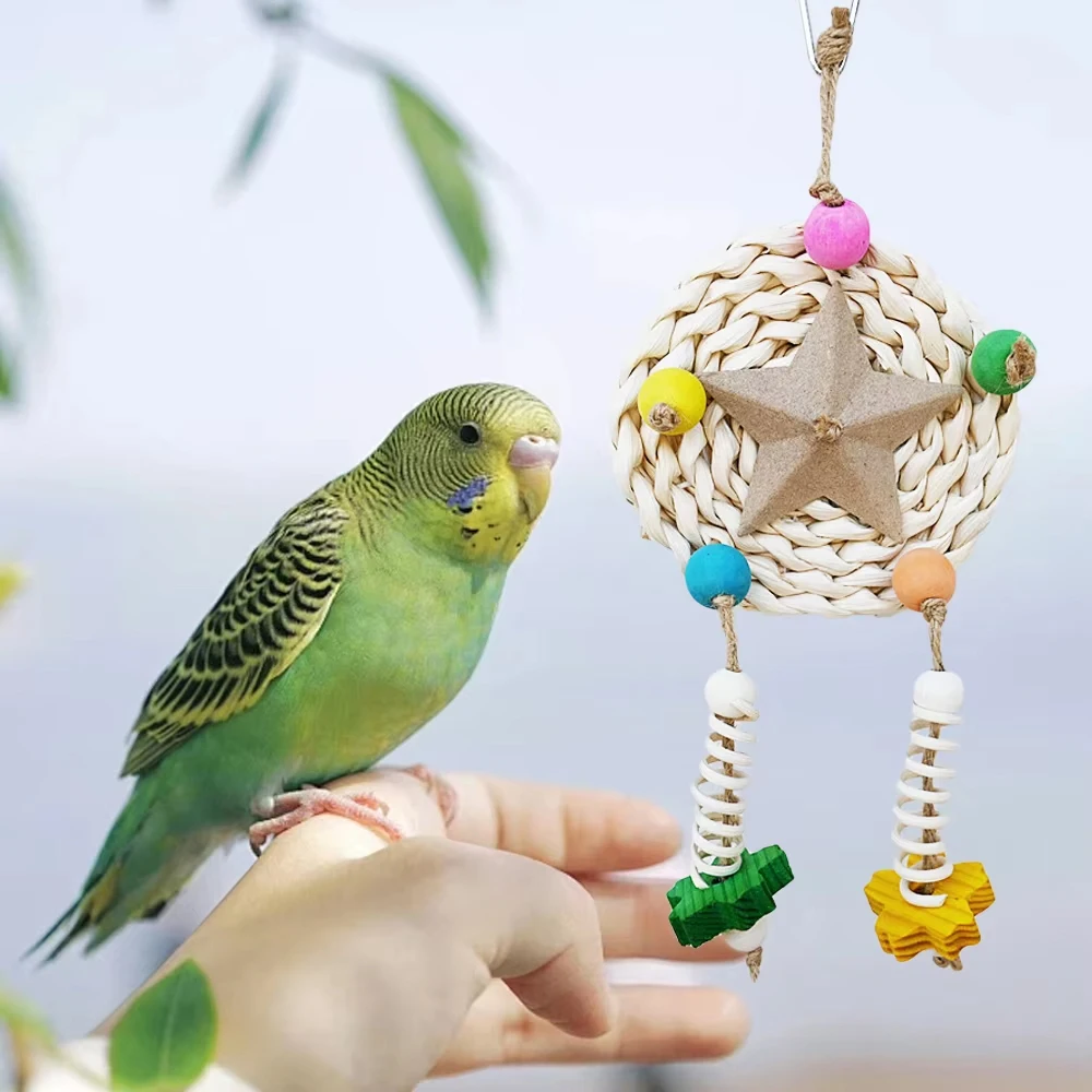 Random Color Rattan Parrot Swing Chew Toy with Wood Ball Interactive Hanging Bite Toys for Pet Birds Parrots Cage Decor Supplies