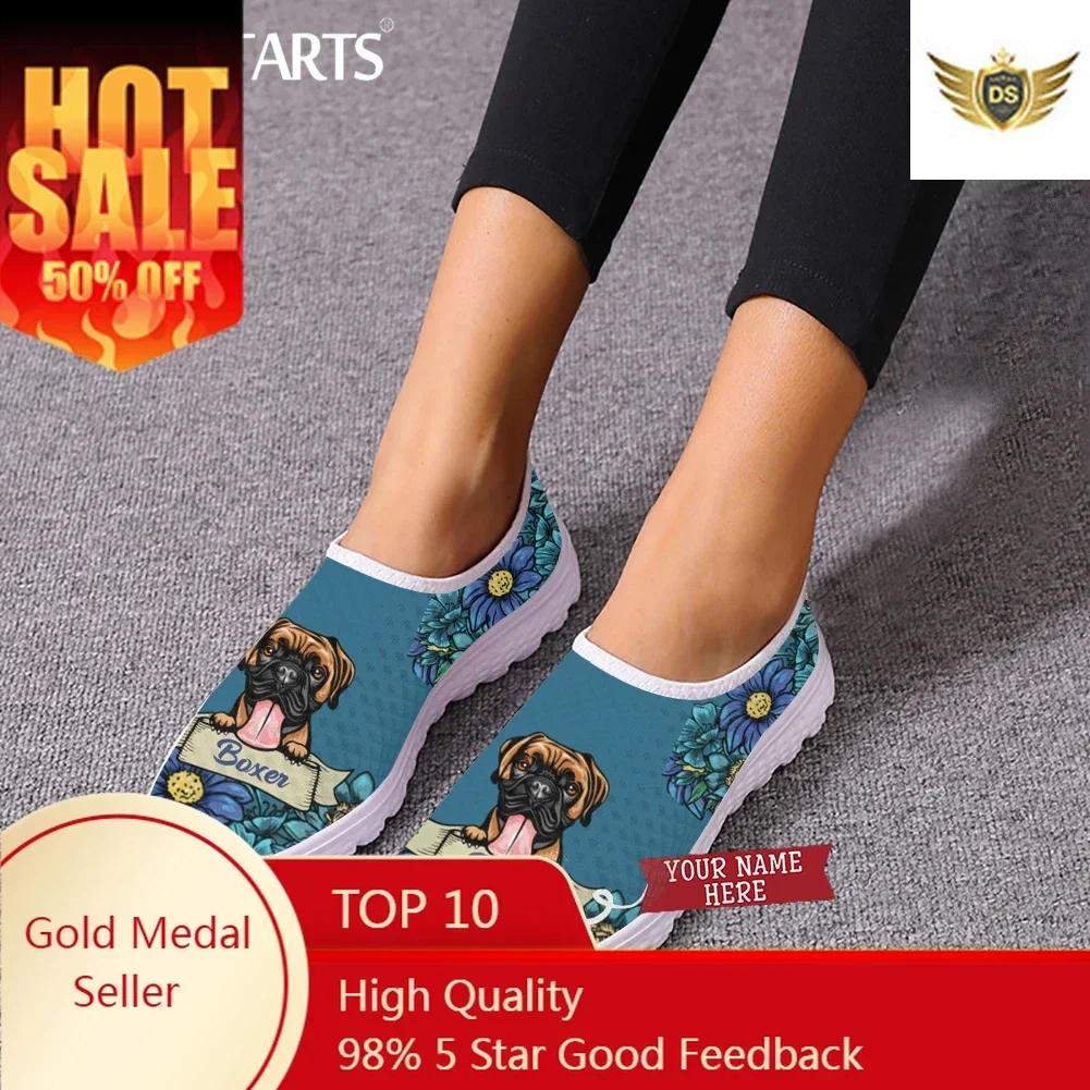 Lovely Boxer Dog Print Slip-on Mesh Shoes Custom Personalized Flats For Dog Lovers Floral Light Loafers For Mom Gift