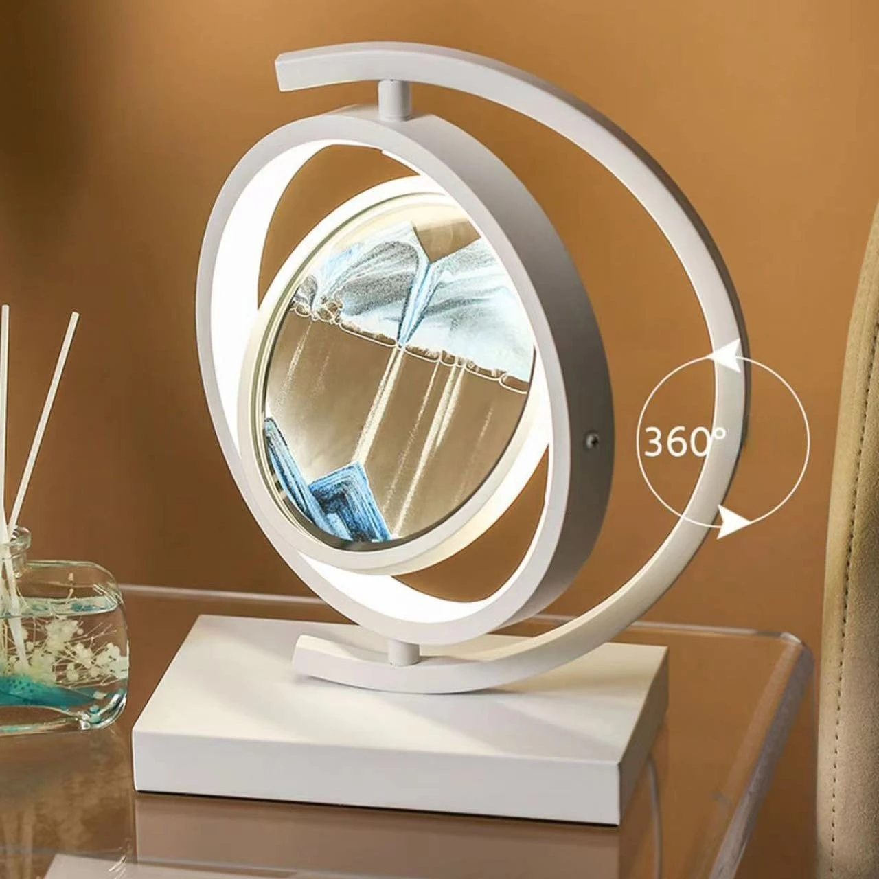 18W LED Bedside Table Lamp，3D Moving Art Sand Scene Dynamic Round Glass Hourglass  Remote Control Kids Bedroom Night Light