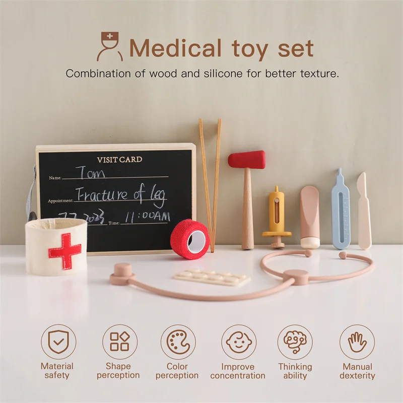 Baby Simulation Doctor Toy Wooden 3D Medical Box Montessori Stethoscope Thermometer Play House Toy Educational Toy Children Gift 4