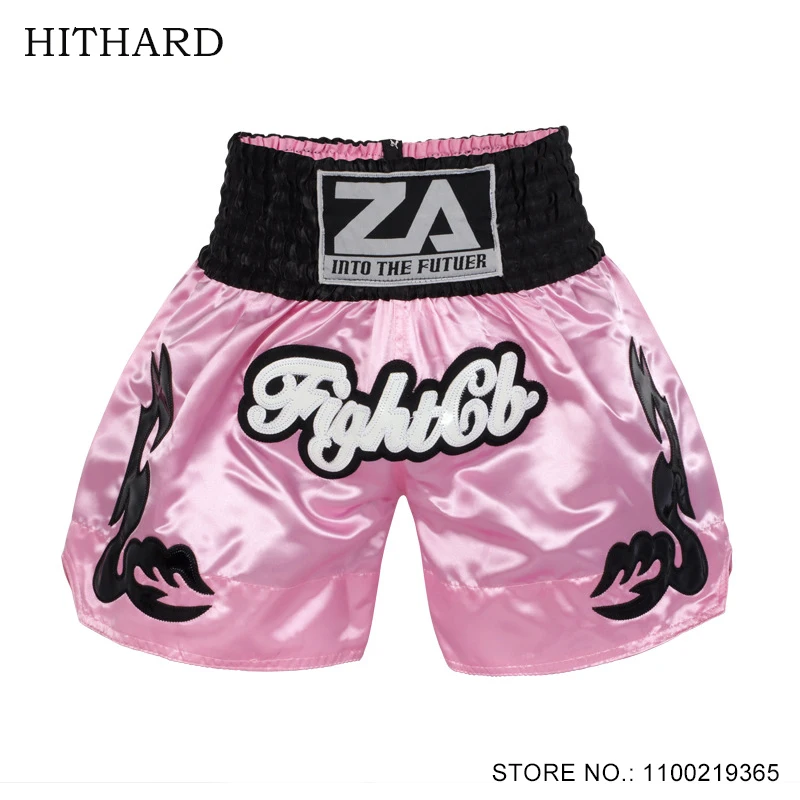 Muay Thai Shorts Pink Glossy Satin Boxing Shorts Men Women Kids Embroidery Martial Arts MMA Gear Kickboxing Cage Fighting Pants