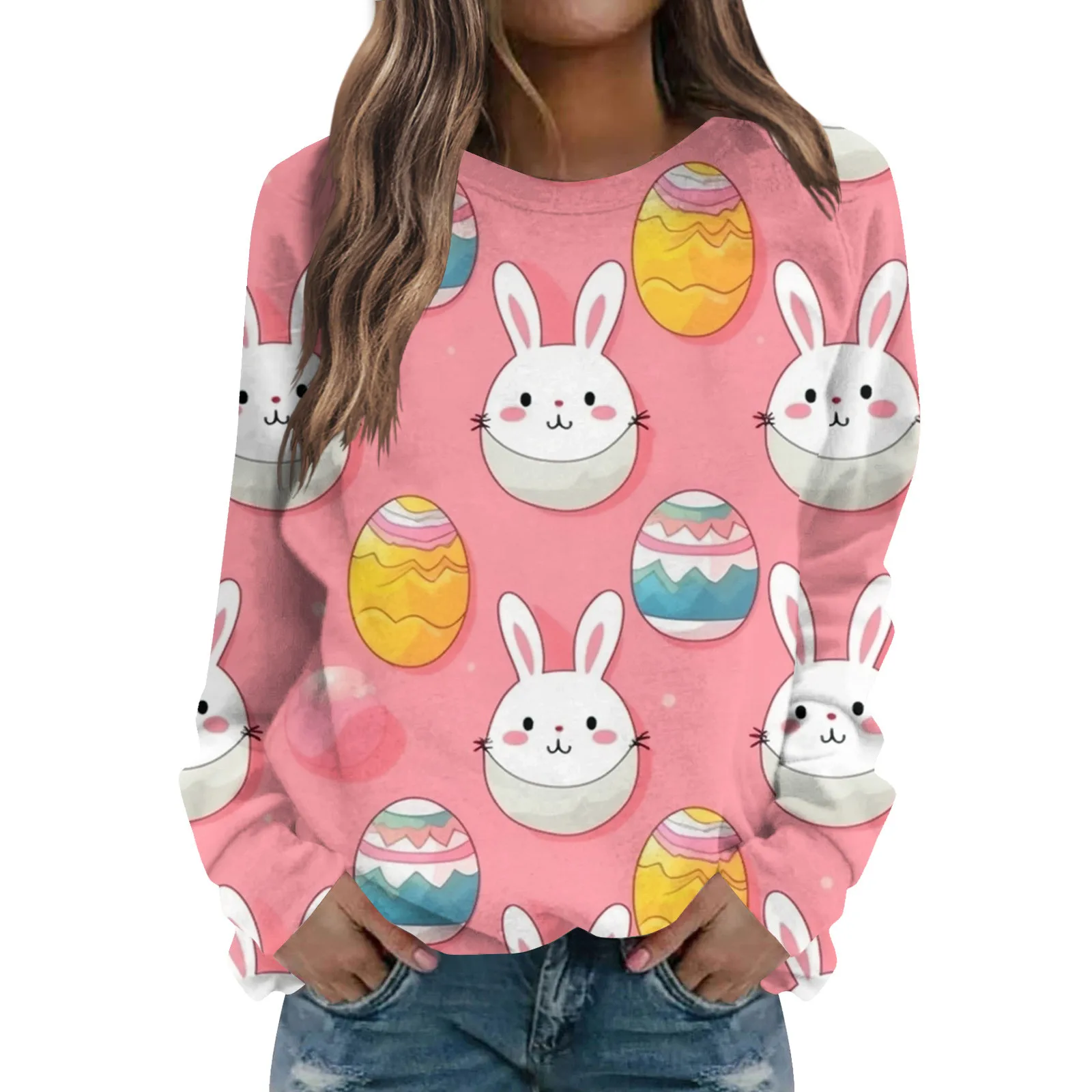 

Women'S New Pullovers Daily Casual Round Neck Long Sleeve Tops Fashion Trend Easter Cartoon Bunny Printed Tops Spring Style