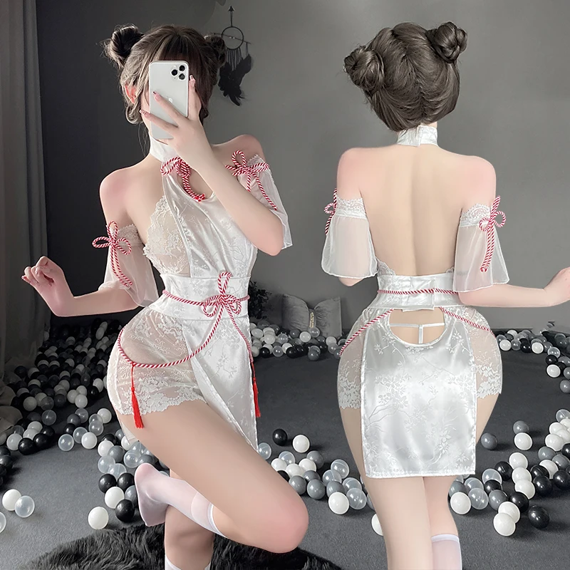 

Chinese Cheongsam Dress Women Sexy Lingerie Backless Lace See Through High Split Dress Hollow Out Teddy Nightgown Mini Qipao