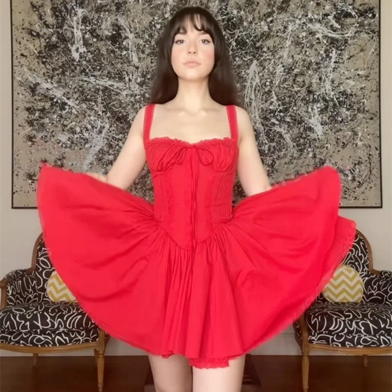 Candyhot Sweet Backless Fashion Solid Lace Hem Suspender Mini Dress Y2K Bodycon Elegant Dresses Pretty Women Party Vestidos 6