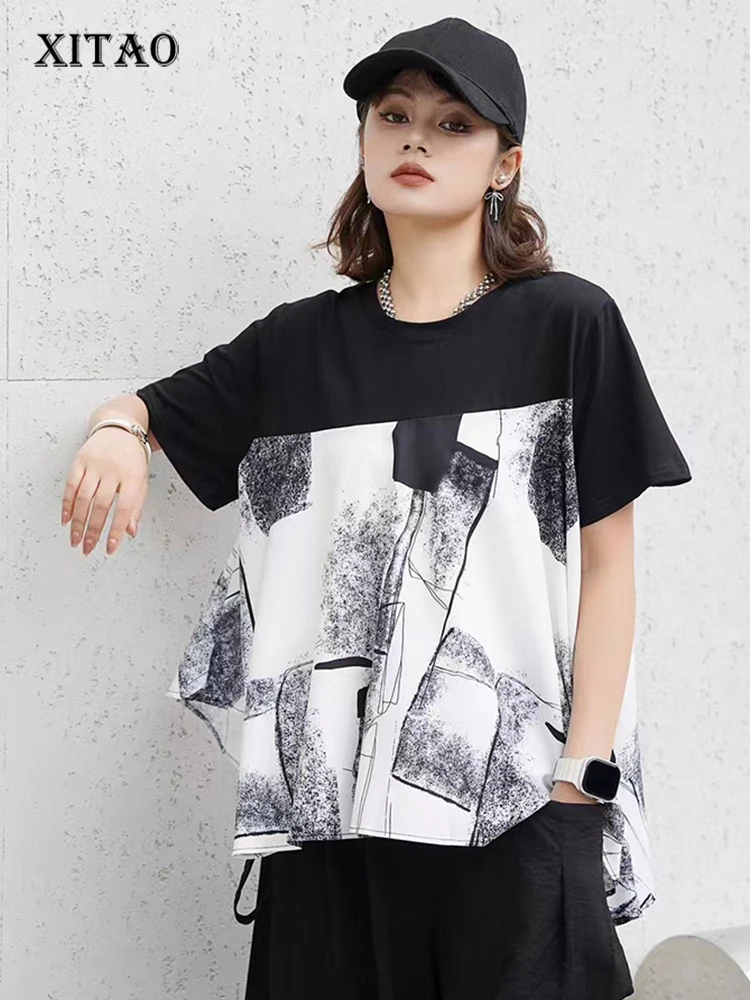 

XITAO Loose Asymmetric Print Female T-shirts Casual All-match Trend Patchwork Women Summer New Simplicity O-neck Top GJ1020