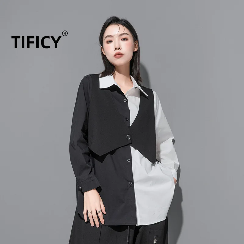 TIFICY Spring and Autumn New Women's Wear Dark Wind Shirt Design Fake Two Casual Street Style Top Women's Vest 2023 new spring summer women s set fashionable slim top net red blast street casual pants fake two piece set