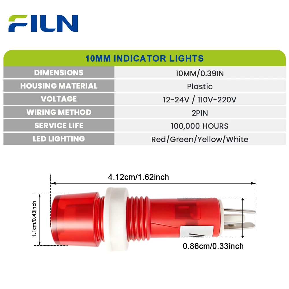 FILN 3PCS 10mm LED 경고 램프 IP67 방수 표시등 12v-24v 자동차 해양 산업 장비 제어 대시보드용