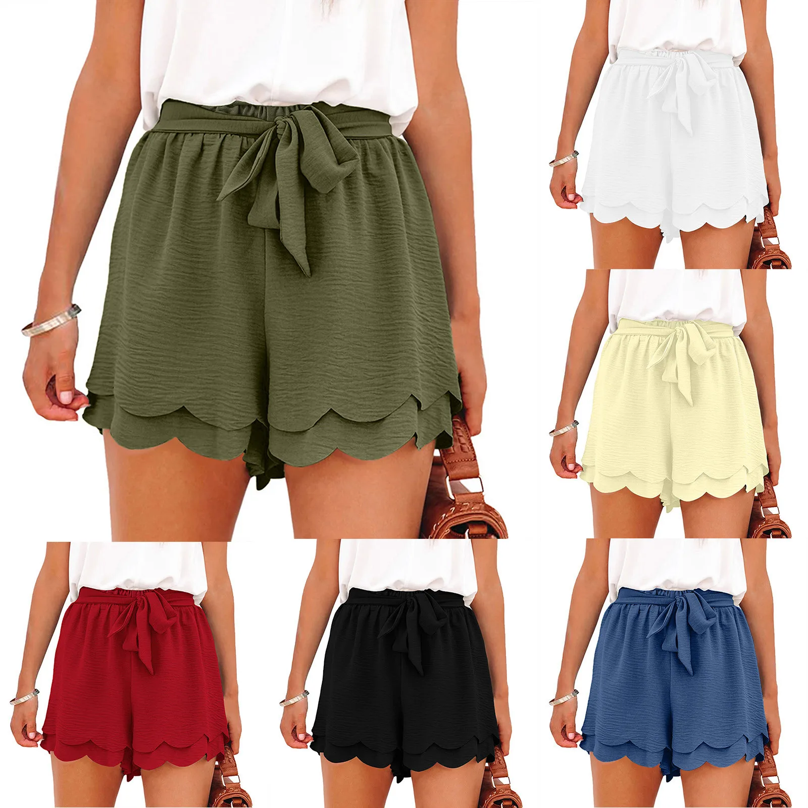 Casual Women Cotton Shorts Elastic Waist Ruffles Sports Pants Simple