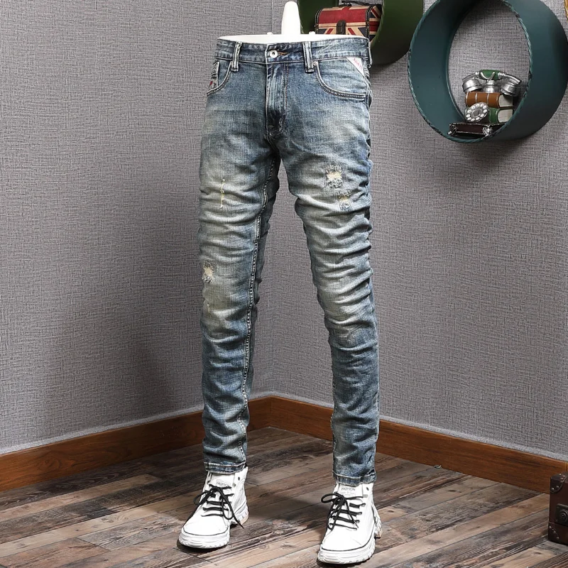 Fashion Designer Men Jeans Retro Blue Elastic Slim Fit Ripped Jeans Men Trousers Italian Style Vintage Casual Denim Pants Hombre