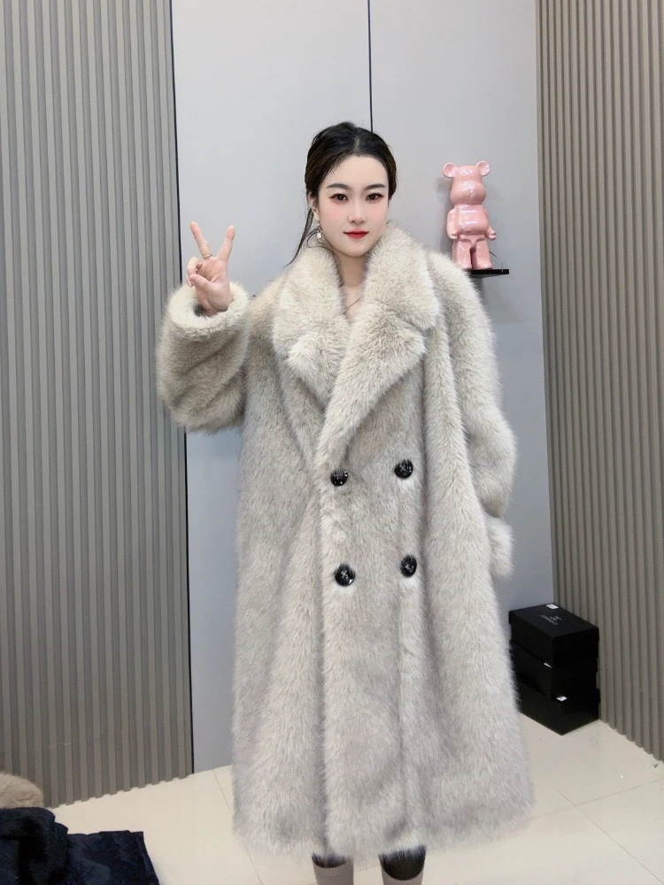 Fashion All-Match Women's Long-Sleeved Warm Faux Fur Coat Autumn Winter Korean Style Elegant Lapel Fur Stitching Faux Fur Coats