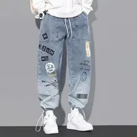 Vêtements coréens hommes lettre imprimé jean taille haute Baggy jean dessin animé Graffiti Hip-Hop pantalon jean bleu 4