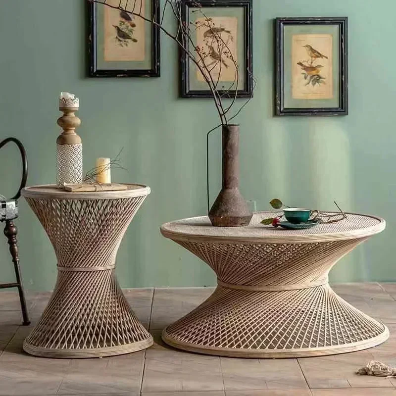 Rattan-woven Minimalist Nature Coffee Table Accent Tea Table Bamboo Cane Round for Living Room