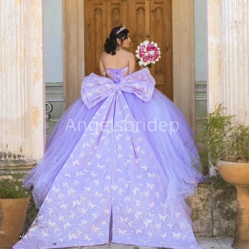 Angelsbridep Big Bow Lilac Ball Gown Quinceanera Dresses Butterfly Spaghetti Straps Vestidos De 15 A&ntilde;os Quincea&ntilde;eras