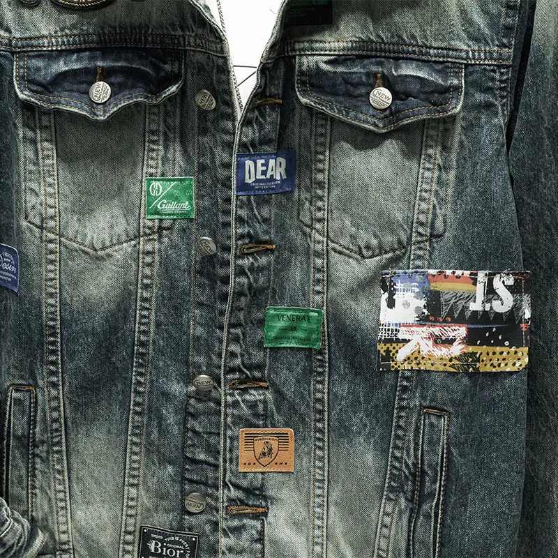 Paste Cloth Embroidery Motorcycle Denim Jacket Men's High Street Retro Loose and Handsome Fashion Motorcycle Men's Clothing